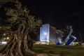 Night view of Hilton Athens, Greece and glass statue. Royalty Free Stock Photo